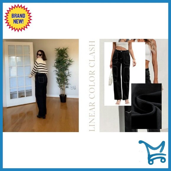 Mid Waist Cargo Jeans Stretch Button Wide Leg Denim Pants - Picture 8 of 8